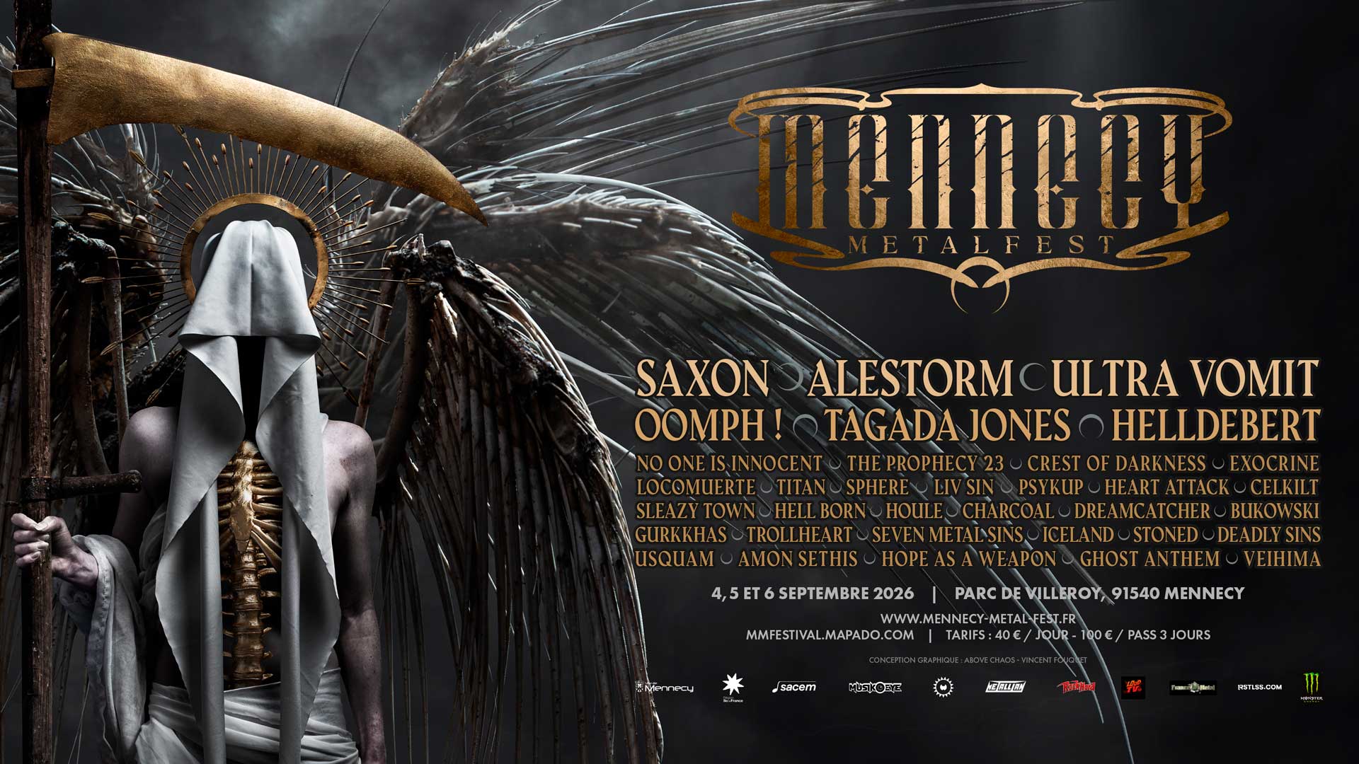 Affiche officielle Mennecy Metal Fest 2026 - Saxon, Alestorm, Ultra Vomit, Oomph!, Tagada Jones, Helldebert et plus - 4, 5 et 6 septembre 2026 au Parc de Villeroy, Mennecy