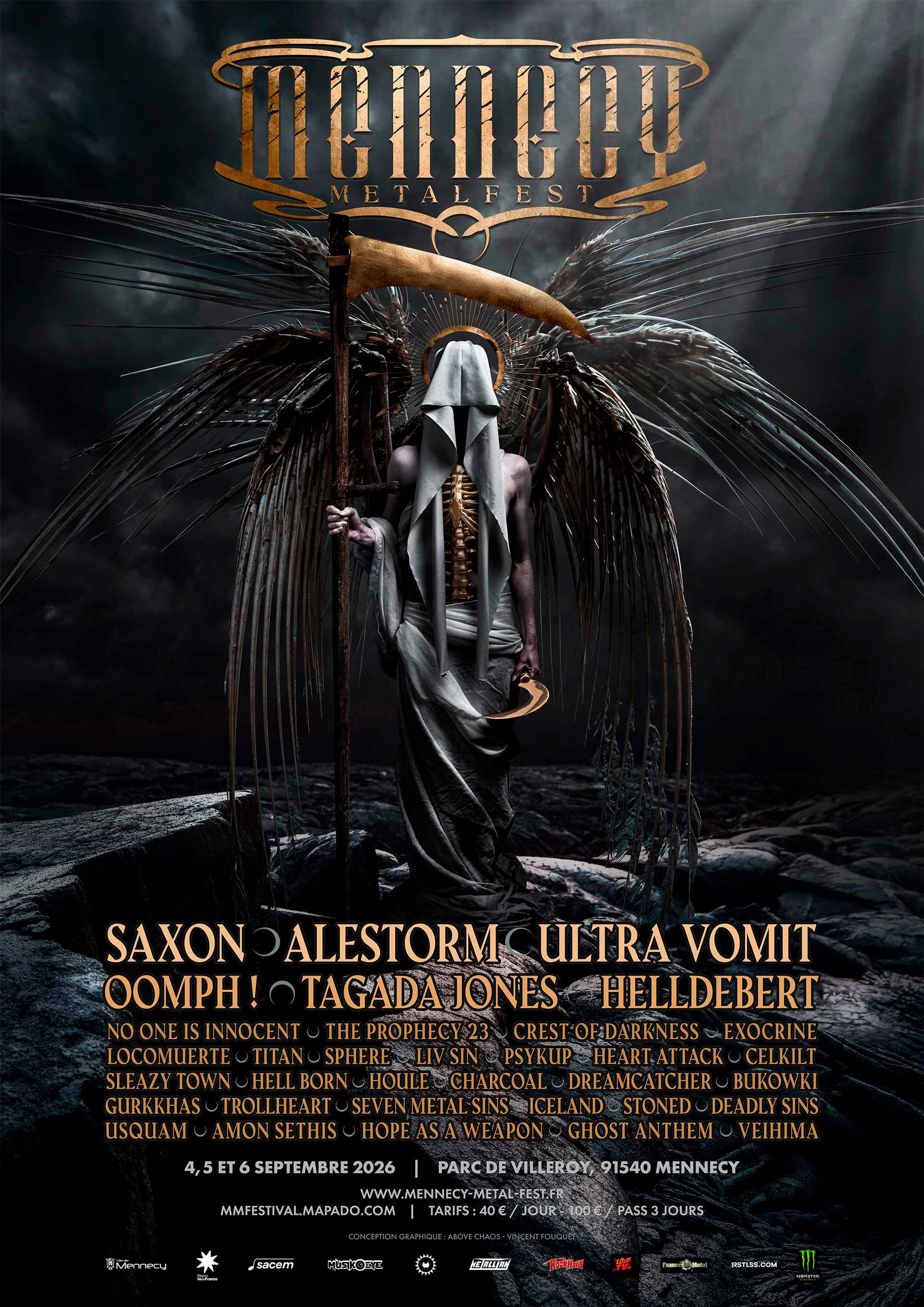 Affiche officielle Mennecy Metal Fest 2026 - Saxon, Alestorm, Ultra Vomit, Oomph!, Tagada Jones, Helldebert et plus - 4, 5 et 6 septembre 2026 au Parc de Villeroy, Mennecy