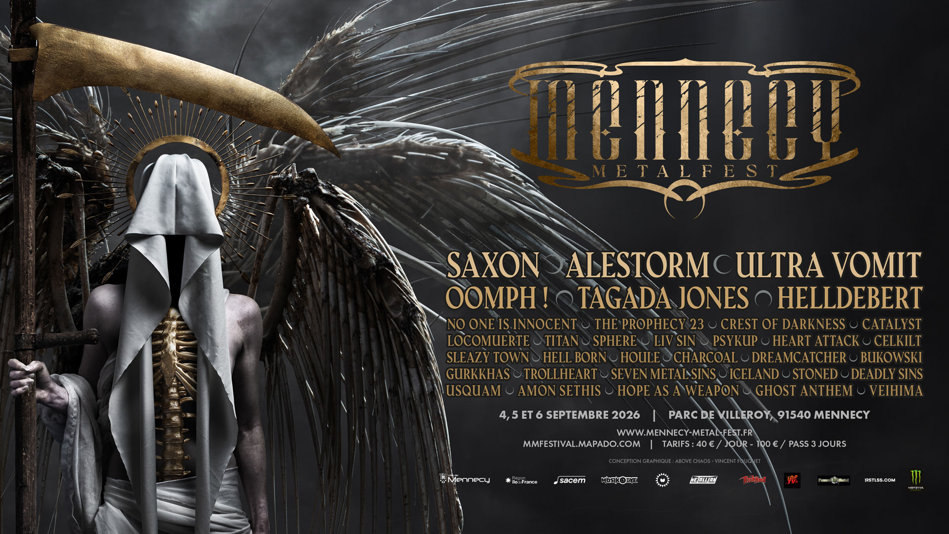 Affiche officielle Mennecy Metal Fest 2026 - Saxon, Alestorm, Ultra Vomit, Oomph!, Tagada Jones, Helldebert et plus - 4, 5 et 6 septembre 2026 au Parc de Villeroy, Mennecy